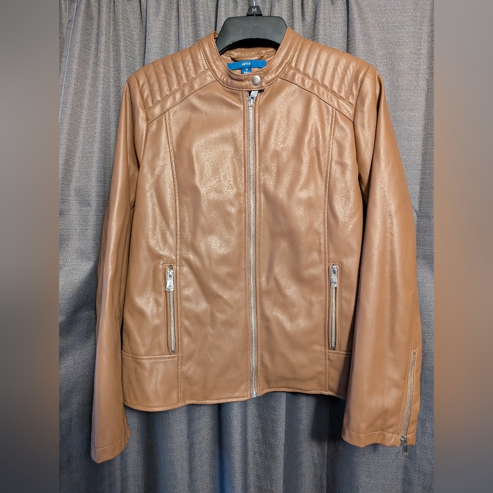 Apt. 9 NWOT Tan Women's Imitation Moto Zip Up Leather Jacket Sz. M